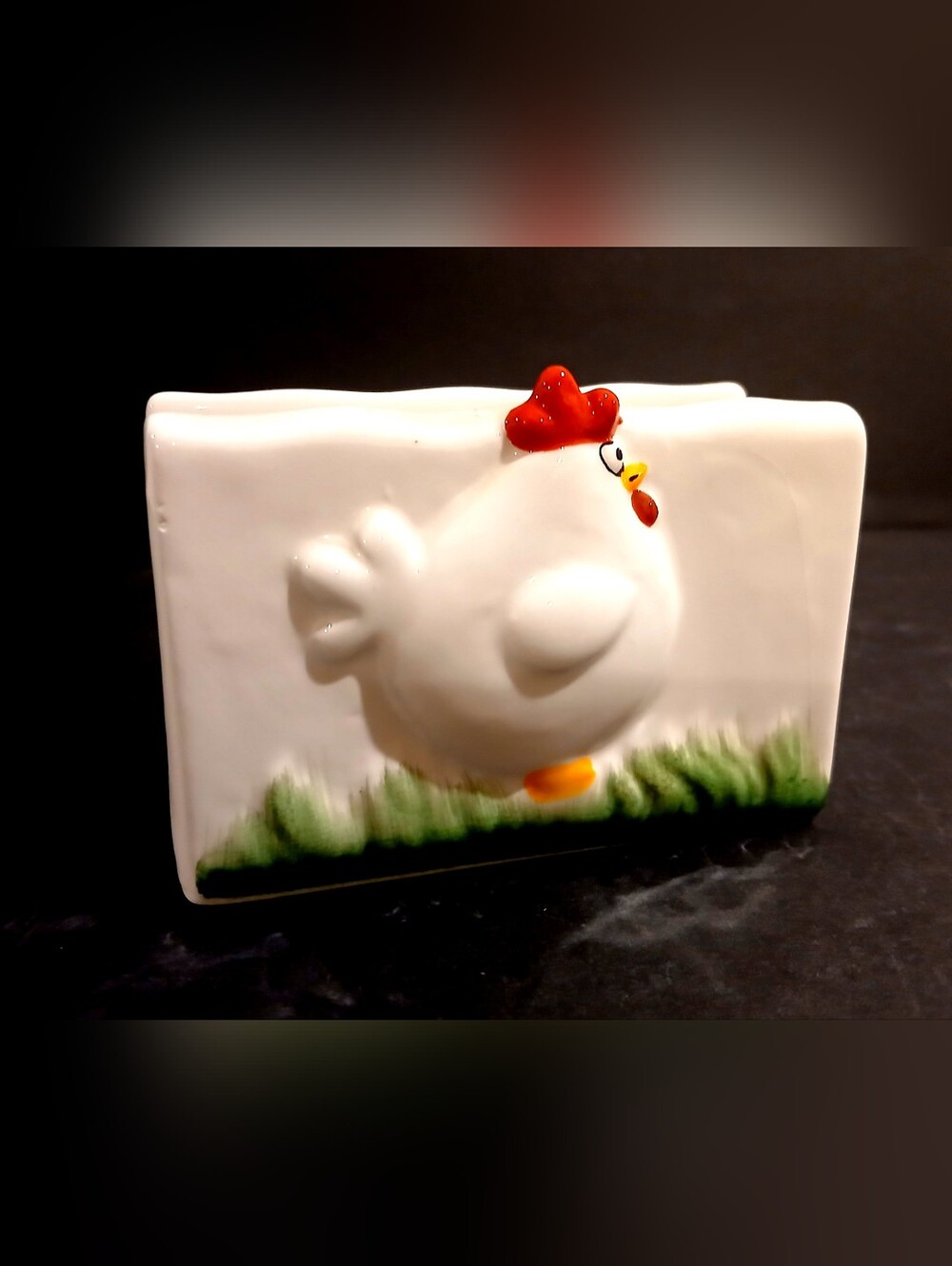 Vintage White Ceramic Chicken Napkin Holder with Red Comb